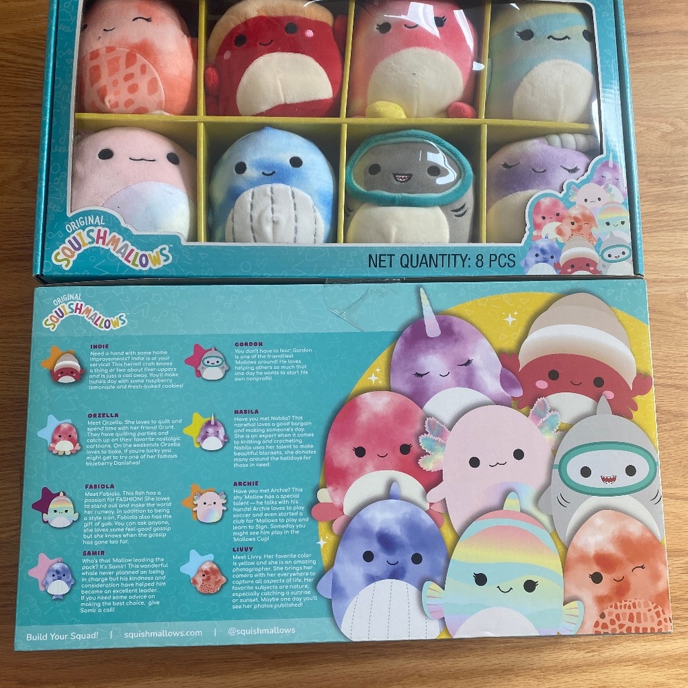 Box of 8 Squishmallows Indie, Archie, Orzella, Gordon, Samir, Nabila, L